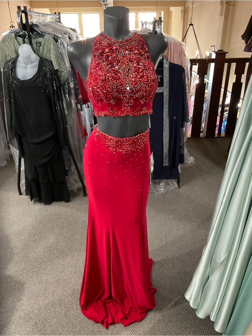 Alyce Paris Red Beaded Two-Piece Prom Gown